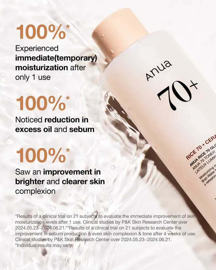 Tónico Iluminador de Arroz 70 Glow 250ml de Anua, ilumina y suaviza la piel