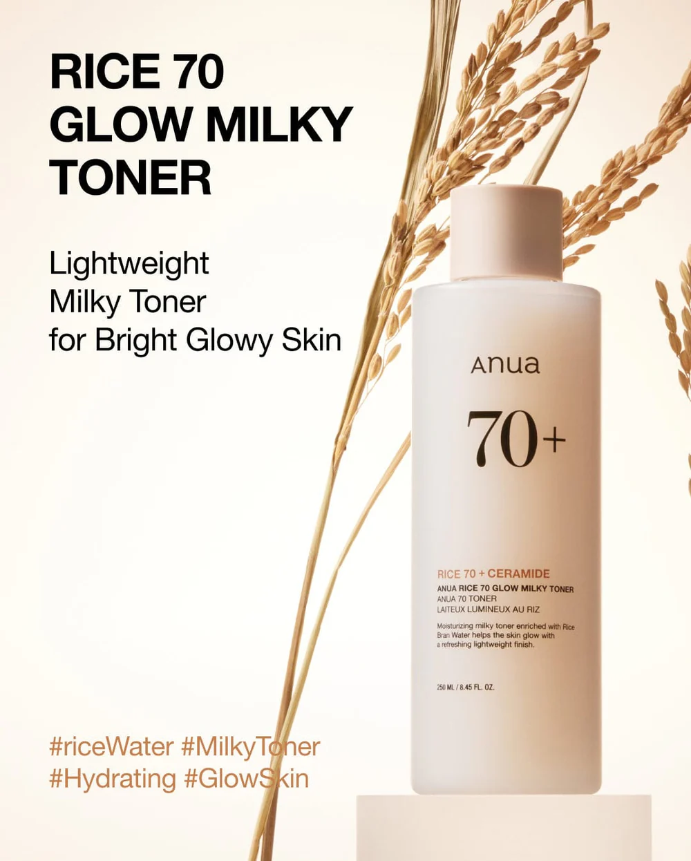 Tónico Iluminador de Arroz 70 Glow 250ml de Anua, ilumina y suaviza la piel